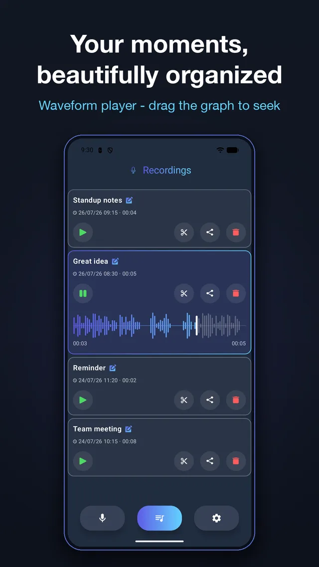 Saved voice recordings with waveform player and on-device transcription